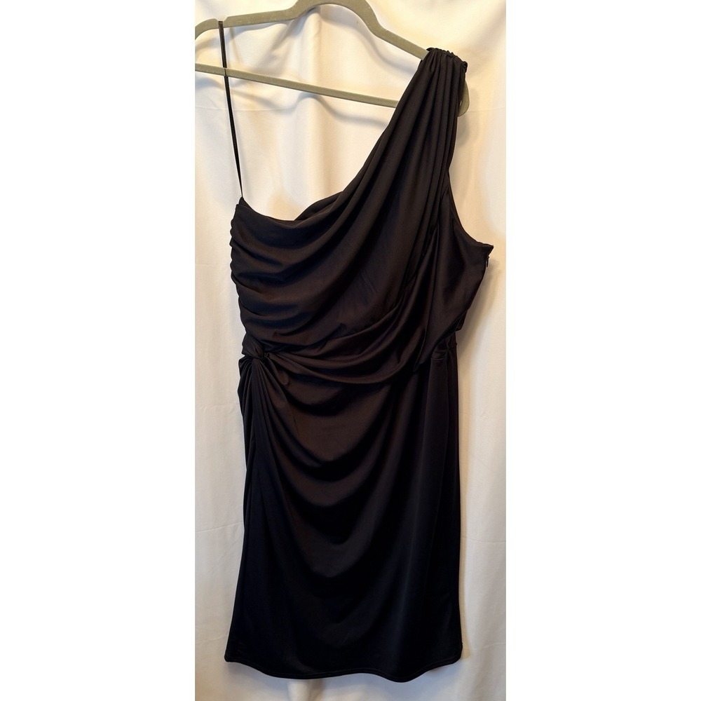 J. Peterman Size XL Black Stretch Ruched One Shoulder Sheath Midi Dress Event
